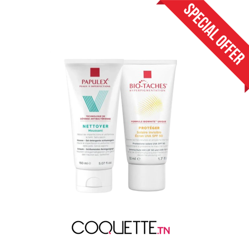 PACK ECRAN BIO-TACHE INVISIBLE SPF50+ 50ML + PAPULEX GEL NETTOYANT MOUSSANT 150ML - tunisie