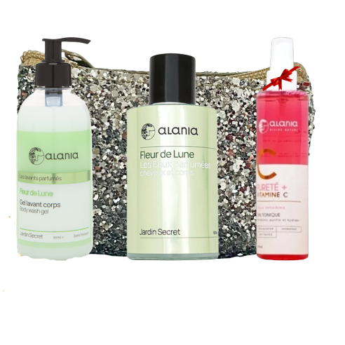 ALANIA COFFRET FLEUR DE LUNE GEL LAVANT CORPS 350ML+EAU PARFUMEE 100 ML+EAU TONIQUE 150ML (OFFERT)+TROUSSE (OFFERT) - tunisie