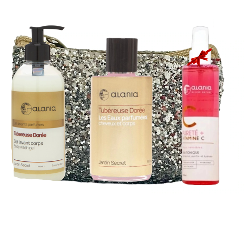 ALANIA COFFRET TUBEREUSE DOREE GEL LAVANT CORPS 350ML+EAU PARFUMEE 100 ML+EAU TONIQUE 150ML (OFFERT)+TROUSSE (OFFERT) - tunisie