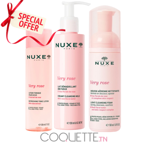 NUXE PACK VERY ROSE MOUSSE NETTOYANTE 150ML + LOTION TONIQUE 200ML + LAIT DEMAQUILLANTTE 200ML - tunisie