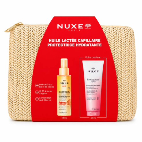 NUXE HUILE LACTEE CAPILLAIRE PROTECTRICE HYDRATANTE+GELLEE DE DOUCHE 100ML (OFFERT)+TROUSSE (OFFERT) - tunisie