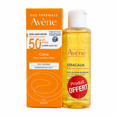 AVENE SOIN SOLAIRE PEAUX PEAUX SENSIBLES SECHES SPF 50+ 50ML + XERACALM HUILE LAVANTE 100ML OFFERTE - tunisie