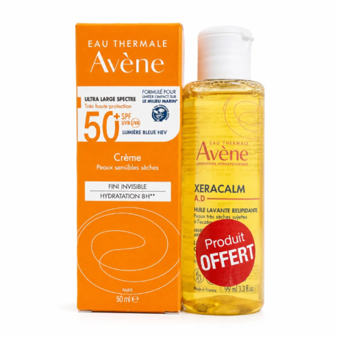 AVENE SOIN SOLAIRE PEAUX PEAUX SENSIBLES SECHES SPF 50+ 50ML + XERACALM HUILE LAVANTE 100ML OFFERTE - tunisie
