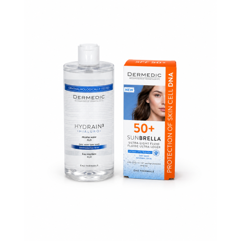 DERMEDIC PACK ECRAN SUNBRELLA FLUIDE SPF50+ PEAUX MIXTES A GRASSES + HYDRAIN3 EAU MICELLAIRE 500ML - tunisie