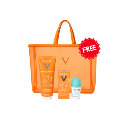 VICHY PACK ÉCRAN TOUCHER SEC TEINTÉ + LAIT SOLAIRE 300 ML + ROLL-ON ANTI-TRANSPIRANT + SAC DE PLAGE OFFERT