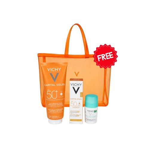 VICHY PACK ÉCRAN 3 EN 1 TEINTÉ ANTI-TACHES + LAIT SOLAIRE 300 ML + ROLL-ON ANTI-TRANSPIRANT + SAC DE PLAGE OFFERT - tunisie